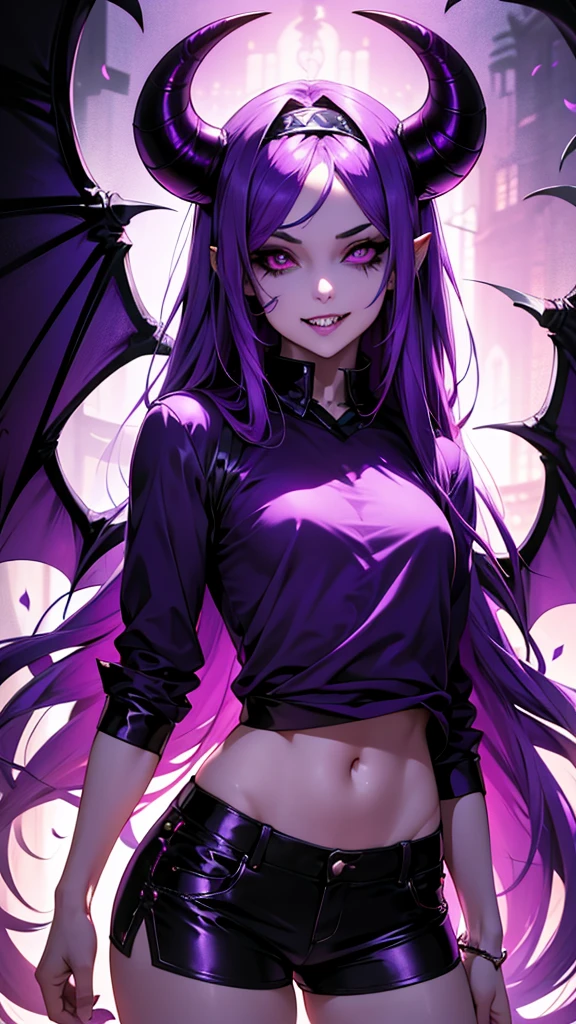 Rosto detalhado, long hair, 8k, hd, hdr, colettetrixie, sharp teeth, hair over one eye, hairband, demon horns, colored sclera, purple shirt, purple shorts, demon wings, evangelyneyoung