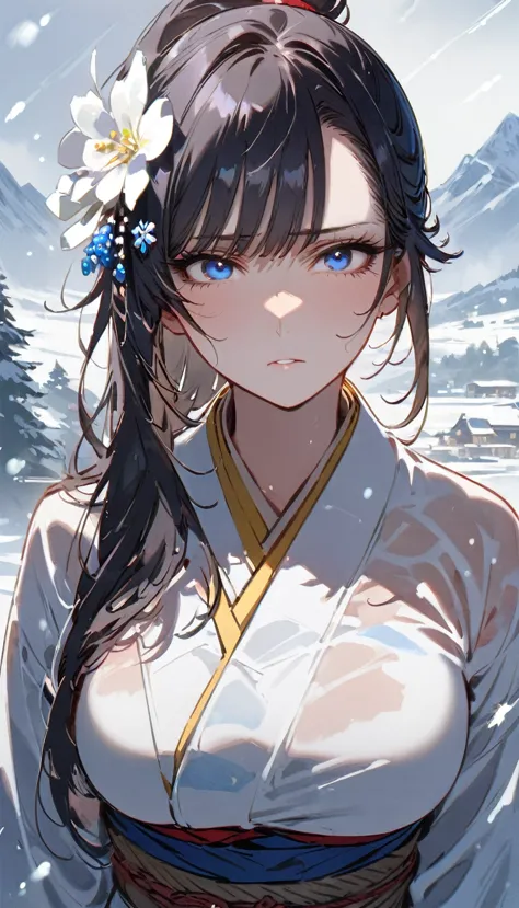 snow woman、beautiful dark blue hair,big breasts、long hair、cool look、white kimono、(high quality)、(blue eyes、perfect eyes)、(cheek)...