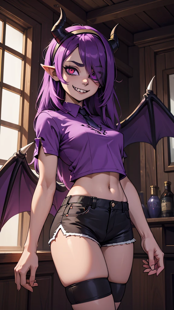 Rosto detalhado, long hair, 8k, hd, hdr, colettetrixie, sharp teeth, hair over one eye, hairband, demon horns, colored sclera, purple shirt, purple shorts, demon wings, evangelyneyoung