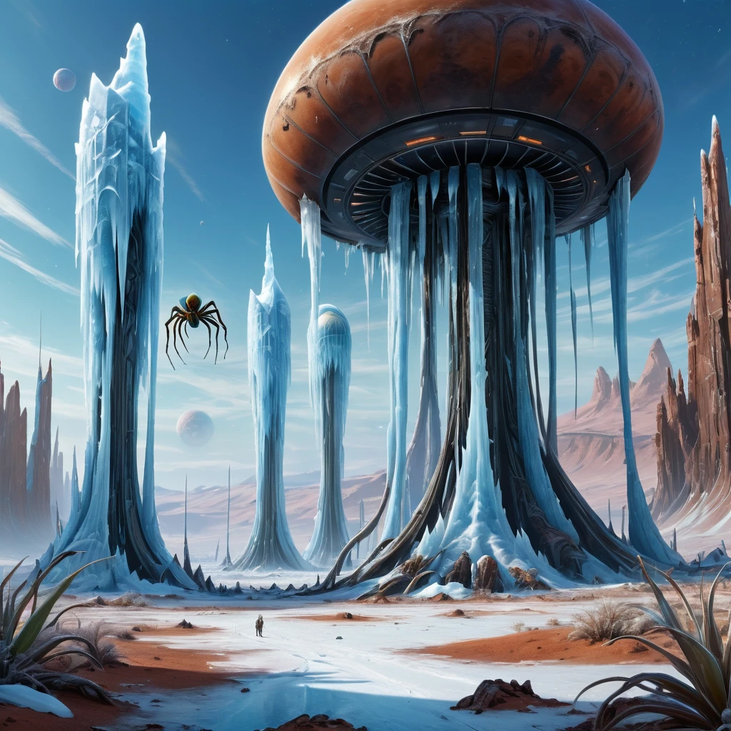 (photorealistic), (hight resolution 4k, 8k)painting in high definition, nffsw,(sharp focus, realistic)(maximum quality),((best quality: 1.5) ,((masterpiece: 0.8)) intricate details,
strange world , strange and hostile planet,in a desert of an alien planet, aonlonge ice pillars like alien command towers, blue sky, e artimosfera laranjada, Carnivorous plants, giant insects with large spider-like legs, panoramic scene, Hyper-Realism, high qualiy, Maximum quality, ships hovering in the air from the ice towers ,