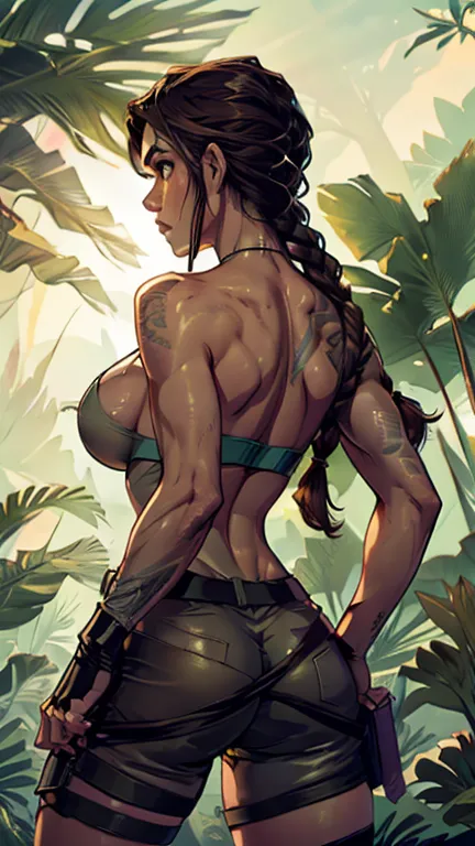 completely naked, nude, brown nipples, vagina, labia, whorish;(sexy, eye-catching, seductive) tomb raider, single braid  ponytai...