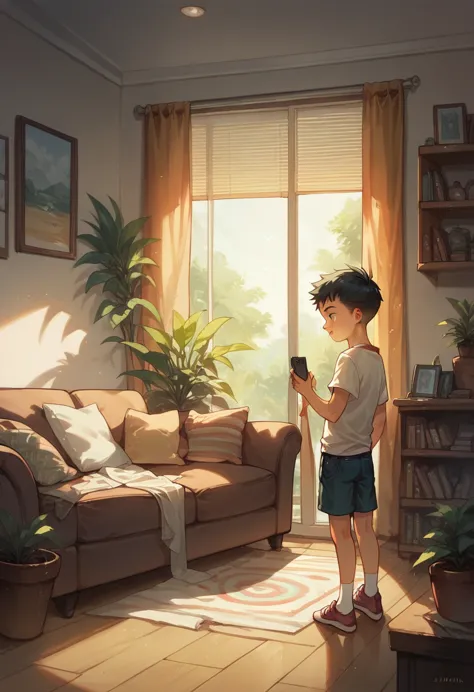 jimmy williams shota boy black hair wearing casual clothes playing video game on living room