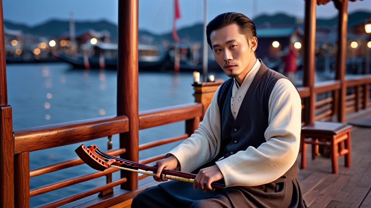 masterpiece, high quality animation, hyper-realistic aesthetic photo, (HDR:1.2), pore and detailed, intricately detailed, graceful and beautiful textures, RAW photo, 16K, sharp focus, cinematic lighting, (vivid colors), (crisp details), man, play erhu, Harborside, wooden chair, dusk