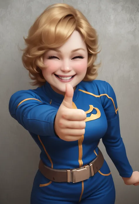 female vault boy from fallout video game franchise, smiling, winking, giving a thumbs up, wearing a blue jumpsuit. realistic pro...