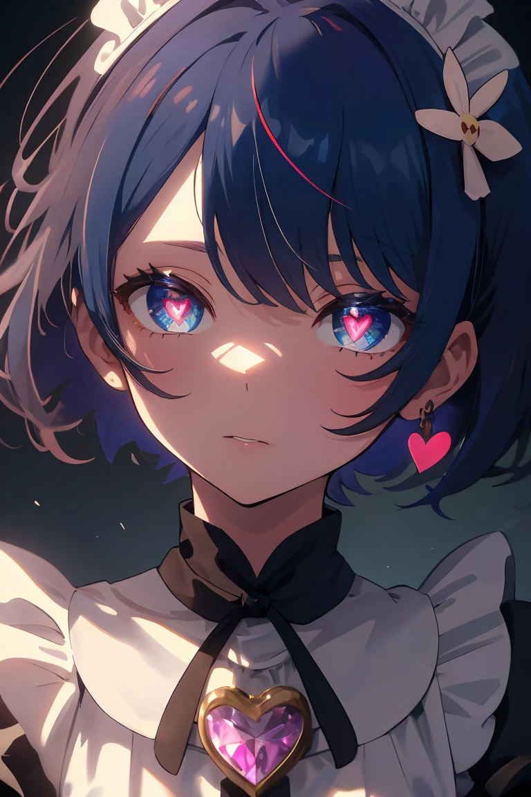 (work of art, best qualityer;1.3), ultra detaild, Looking at Viewer, 
eram_era_NULL, Close facial,hair blue, shorth hair, maid uniform, hair ornament, neckleace, maid headderass, detached sleeves, ribbon heart-shaped pupils