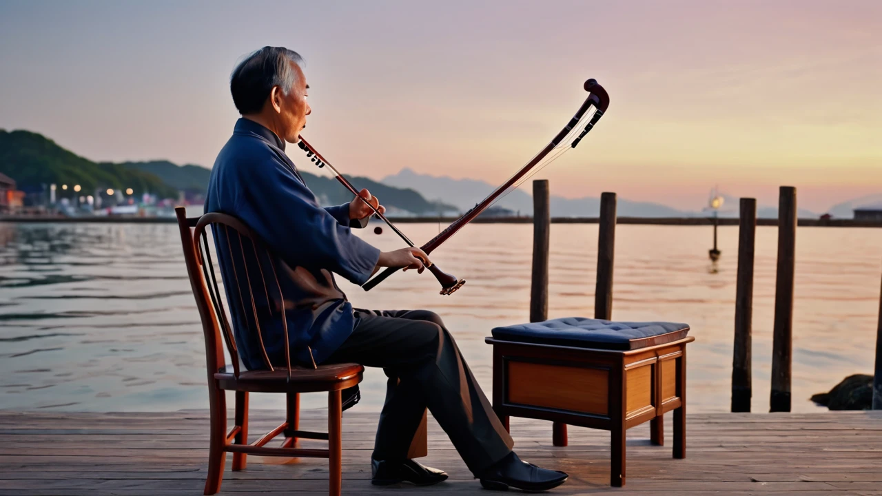 masterpiece, high quality animation, hyper-realistic aesthetic photo, (HDR:1.2), pore and detailed, intricately detailed, graceful and beautiful textures, RAW photo, 16K, sharp focus, cinematic lighting, (vivid colors), (crisp details), Uncle, play erhu, Harborside, wooden chair, dusk