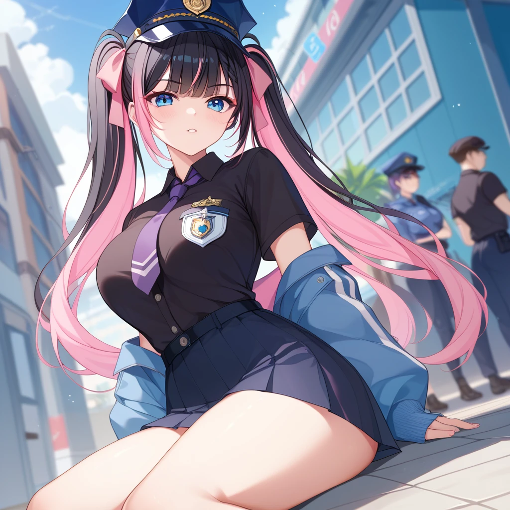 (email) ((Highest quality))、(masterpiece)、(Subjective)、NSFW、Twin tails、Long Hair、(colored inner hair　black hair + pink inner hair)、Pink hair ribbon、Blue eyes、Black shirt、Purple tie、Tight mini skirt、Police Officer、