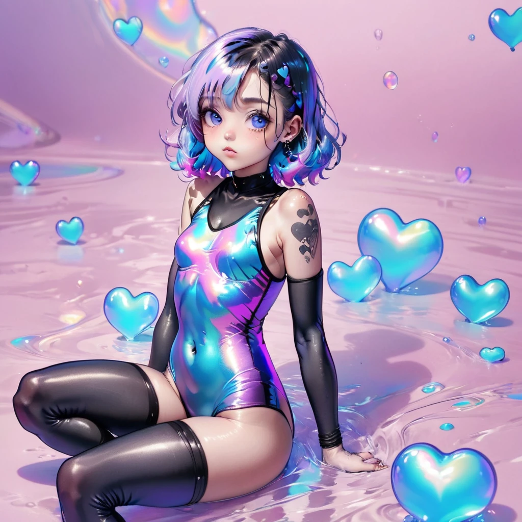 (( Sitting on bubble gum)A girl with Wavy light blue hair. Small blue heart  shaped tattoo  on upper-cheek wearing a black leather whole body swim suite. Black ankle-high black boots and purple fishnet stockings 