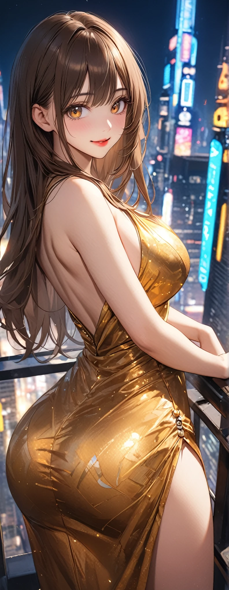 Straight Hair、Brown Hair,((Highly detailed golden sexy dress)), Looks about 17 years old, (beautiful girl: 1.3),1girl,Highest quality,8k,Highly detailed CG unit wallpaper,masterpiece:1.2,Highest quality,Ultra-high resolution,RAW Photos,Realistic textured skin,Cinema Lighting,happy,Big eyes,Detailed eyes,Glossy lipstick,Perfect Makeup,Ultra-high definition beauty face,Huge building,Metropolis,voluptuous,(Big, round and beautifully shaped butt),(Standing on the rooftop of a skyscraper in Cyber City),(Panoramic View),night,Detailed neon lights,(Are standing_Split),