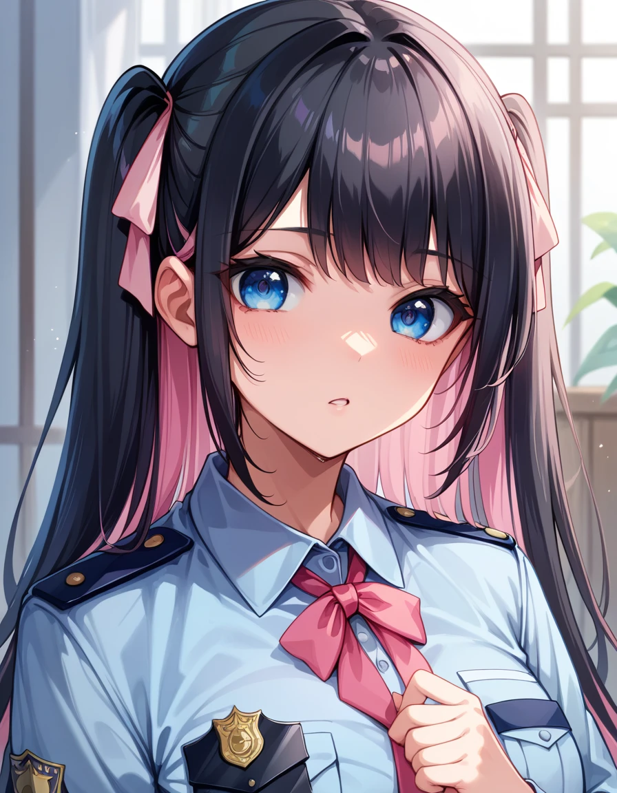 (email) ((Highest quality))、(masterpiece)、(Realistic Shadows)、NSFW、(１6 year old beautiful girl),(Subjective)、cropped torso、Twin tails、Long Hair、(colored inner hair　black hair + pink inner hair)、Pink hair ribbon、Blue eyes、Police Officer