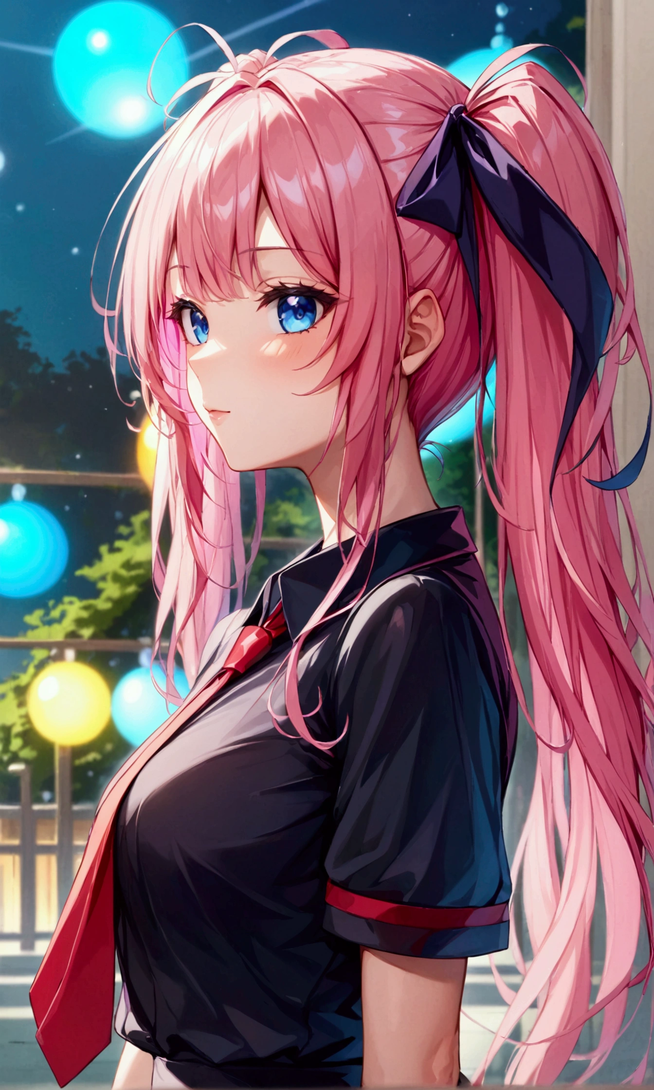 (email) ((Highest quality))、(masterpiece)、(Realistic Shadows)、NSFW、(１6 year old beautiful girl),(Subjective)、cropped torso、Twin tails、Long Hair、(colored inner hair　black hair + pink inner hair)、Pink hair ribbon、Blue eyes、Black shirt、Purple tie、pencil skirt