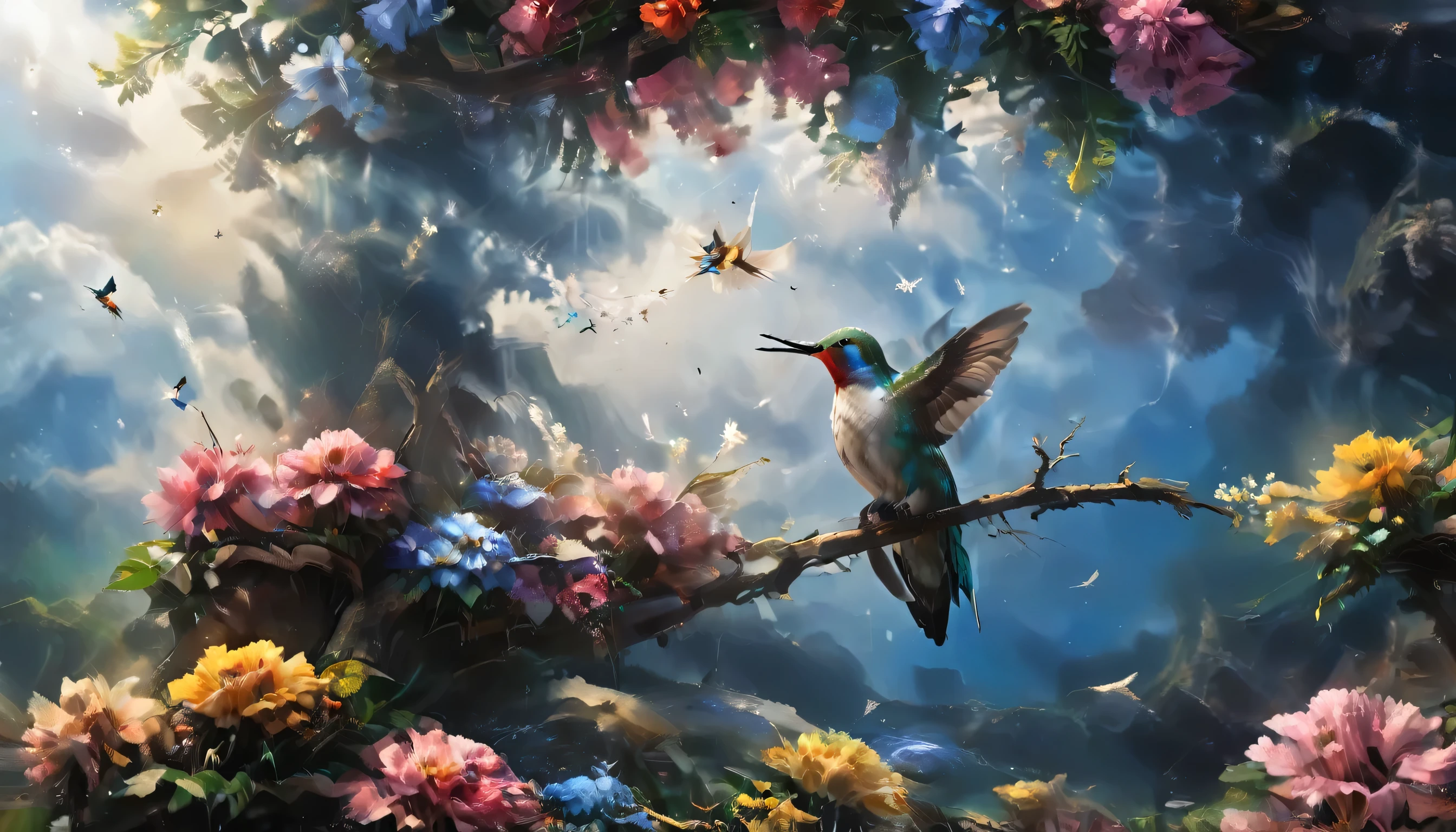 painting of a Hummingbird sitting on a branch with flowers, Detailed painting by Andrei Ryabovitchev, Behance Contest Winner, Arabesque, Detailed painting 4k, painting of a Hummingbird, Beautiful Art UHD 4K, Colourful and detailed, Tall beautiful paintings, artwork, Long colorful bird, Hummingbird，