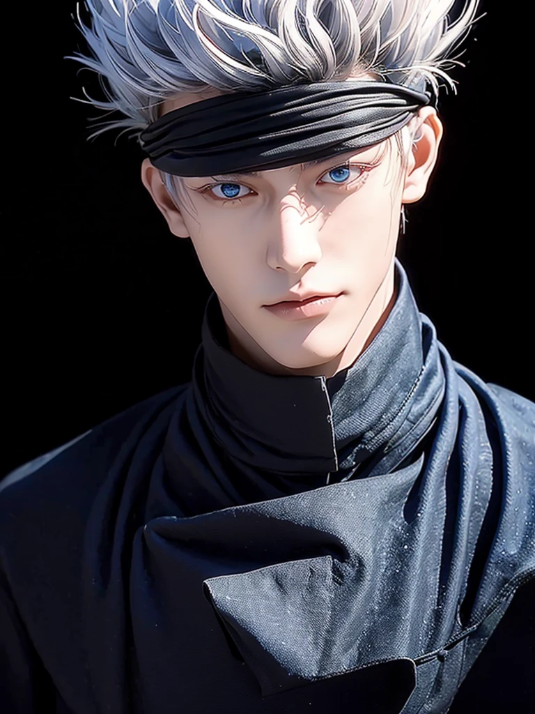 Envision a hyper-realistic image of a man with striking features, bringing to life the character of Gojo Satoru from Jujutsu Kaisen. His silver hair, short and unruly, frames a well-proportioned, small face that captures his sharp and attractive features. His eyes, a vivid blue, are hidden behind a blindfold, yet his face conveys the confidence and playful smirk that Gojo is known for.

His build is lean and his posture relaxed yet poised, wearing a form-fitting black turtleneck that complements his stature. The texture of his clothing suggests quality and precision, fitting for his character’s refined strength. The background should be subtle, directing the focus to his mysterious and enigmatic presence, which is underscored by the iconic blindfold—a symbol of his unique abilities and charismatic nature.