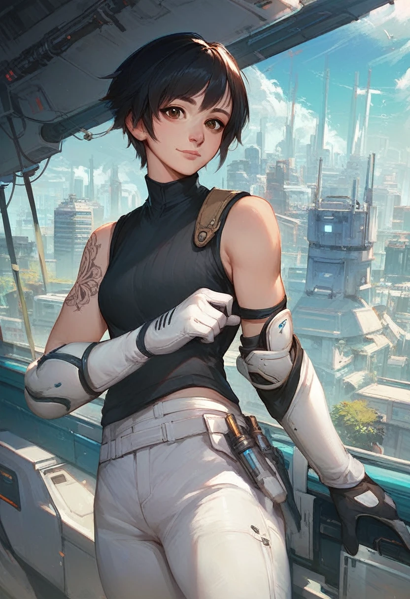 score_9,score_8_up,score_7_up,score_6_up,
Faith,brown eyes,black hair,short hair,looking at viewer,
right arm tattoo,eye mark,elbow pad,gloves,white pants,
black shirt,vest,sleeveless,light smile,
science fiction,white city,
