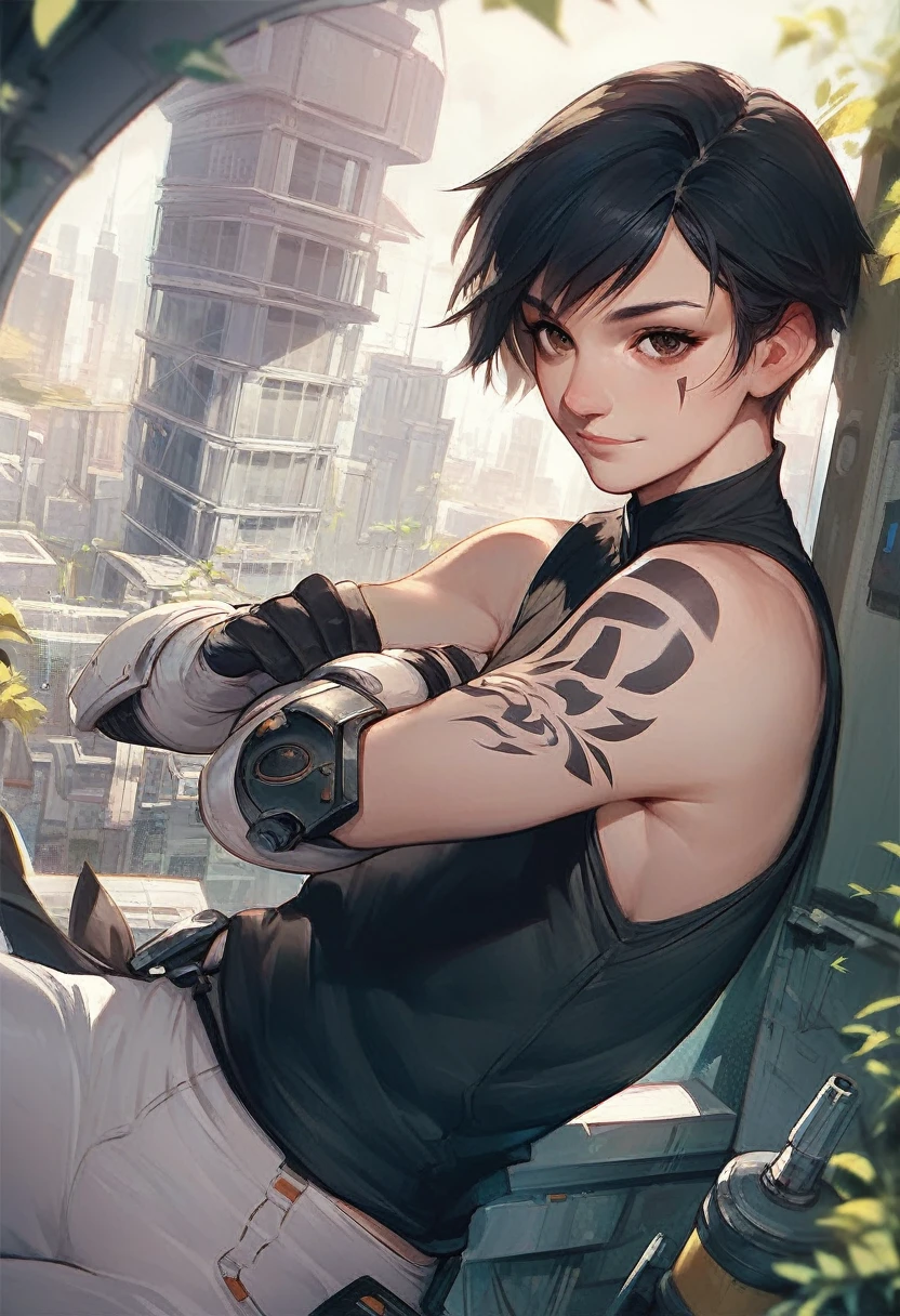 score_9,score_8_up,score_7_up,score_6_up,
Faith,brown eyes,black hair,short hair,looking at viewer,
right arm tattoo,eye mark,elbow pad,gloves,white pants,
black shirt,vest,sleeveless,light smile,
science fiction,white city,
