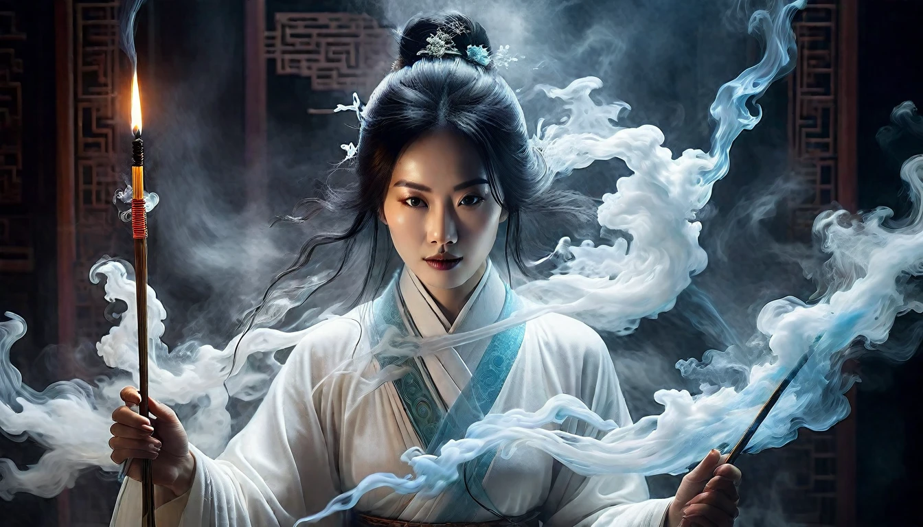 Image of a 50-year-old woman wearing a white robe and holding an incense stick, Cyansia Fantasia, Mysterious still images, Inspired by Tang Yifeng, chinese fantasy, Fantasy Movie Photos, inspired by Li Mei-shu, Inspired by Michio Seki, inspired by Wu Li, Inspired by Hu Baoshi, Inspired by Zhang He, inspired by Zhang Yan