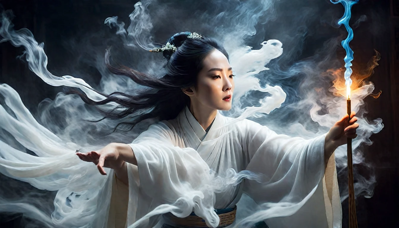 Image of a 50-year-old woman wearing a white robe and holding an incense stick, Cyansia Fantasia, Mysterious still images, Inspired by Tang Yifeng, chinese fantasy, Fantasy Movie Photos, inspired by Li Mei-shu, Inspired by Michio Seki, inspired by Wu Li, Inspired by Hu Baoshi, Inspired by Zhang He, inspired by Zhang Yan