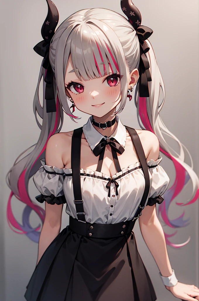 hmnab,  multicolored hair, hair bow, twintails, white shirt, black skirt, , suspender skirt, bare shoulders, earrings, puffy sleeves,,,smile,cleavage