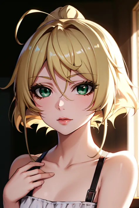 anime style hand drawn, 1 blonde girl with blond hair pulled back, there is no bangs, beautiful face, ((green eyes)), common pos...