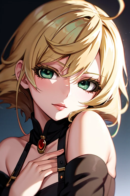 anime style hand drawn, 1 blonde girl with blond hair pulled back, there is no bangs, Beautiful face, ((Green eyes)), common pose, medium length shoulder length hair, (lightroom:1.13), soft light, (natural skin texture:1.2), sharp focus, concentrated, looks at the camera, full face