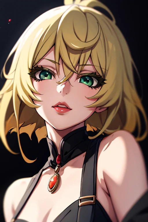 anime style hand drawn, 1 blonde girl with blond hair pulled back, there is no bangs, Beautiful face, ((Green eyes)), common pose, medium length shoulder length hair, (lightroom:1.13), soft light, (natural skin texture:1.2), sharp focus, concentrated, looks at the camera, full face