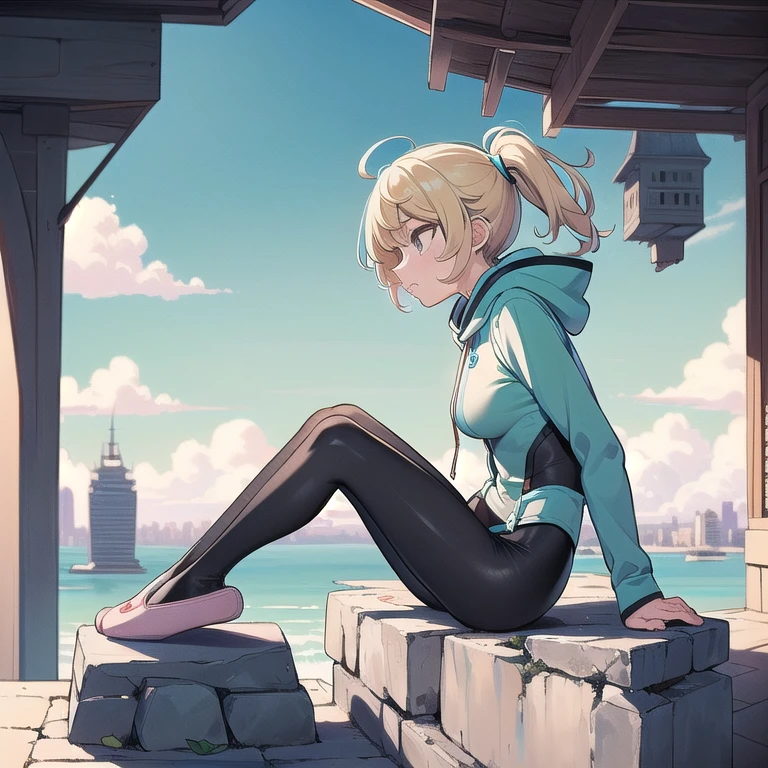 (((masterpiece))), (((best quality))), (((from side))), (((upside-down world))), (((floating city))), ((mint ballet slippers)), ((sitting on stone parapet)), ((hooded bodysuit)), ((paid lining)), (black pantyhose), blonde hair, spider logo, gradient light, skyline, high sky, colorful cloudy sky, solo, 1girl, big tits, sweat, slim figure, 