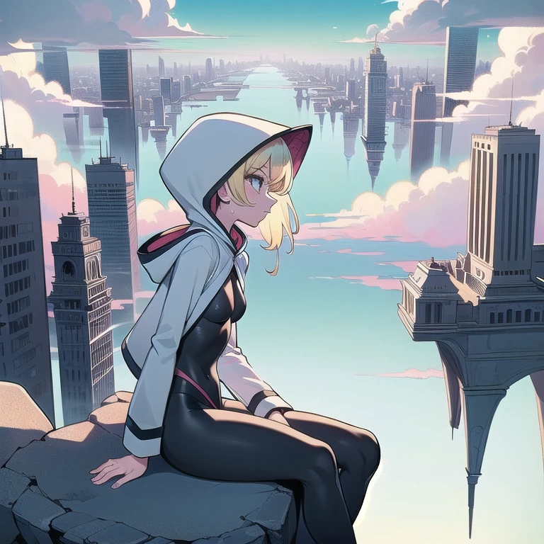 (((masterpiece))), (((best quality))), (((from side))), (((upside-down world))), (((floating city))), ((mint ballet slippers)), ((sitting on stone parapet)), ((hooded bodysuit)), ((paid lining)), (black pantyhose), blonde hair, spider logo, gradient light, skyline, high sky, colorful cloudy sky, solo, 1girl, big tits, sweat, slim figure, 