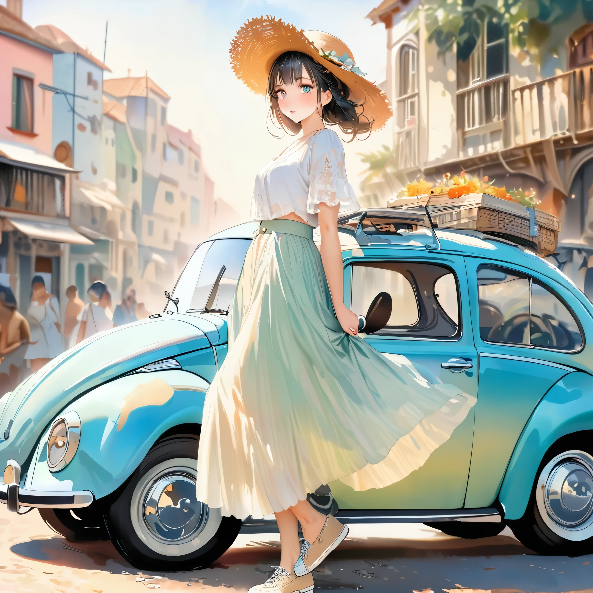 (Highest quality, 8k, 32K, masterpiece, Ultra-high resolution:1.2), Watercolor style, Delicate and beautiful pen drawings, Oil painting style, (Pastel Tones, Very colorful:1.3), Volkswagen, beetle, BREAK, Realistic pupils, Sharp pupils, Summer Fashion，Maxi Skirt, Straw hat, 