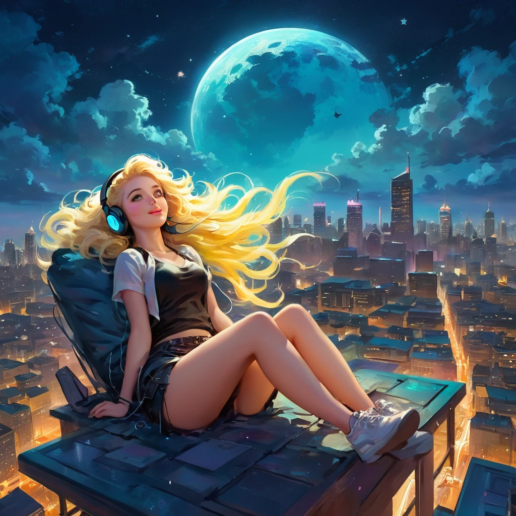 a beautiful 20 year old blonde woman with big messy hair laying down on a cloud in the sky floating over a cityscape at night, wearing headphones, looking down at the city, twinkling stars and glowing moon, fantasy art style, full body, rossdraws cartoon vibrant, cyberpunk, cute detailed digital art, colorfull digital fantasy art, digital fantasy art ), glossy digital painting, rossdraws pastel vibrant, rossdraws 2. 5, rossdraws 1. 0