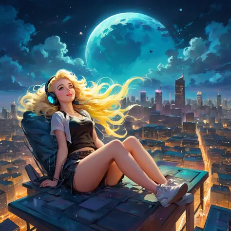 a beautiful 20 year old blonde woman with big messy hair laying down on a cloud in the sky floating over a cityscape at night, w...