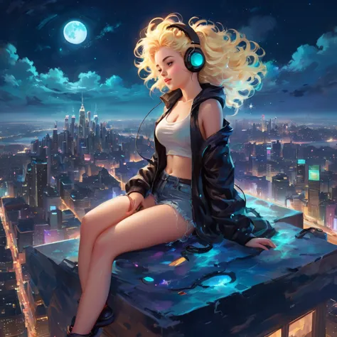 a beautiful 20 year old blonde woman with big messy hair laying down on a cloud in the sky floating over a cityscape at night, w...