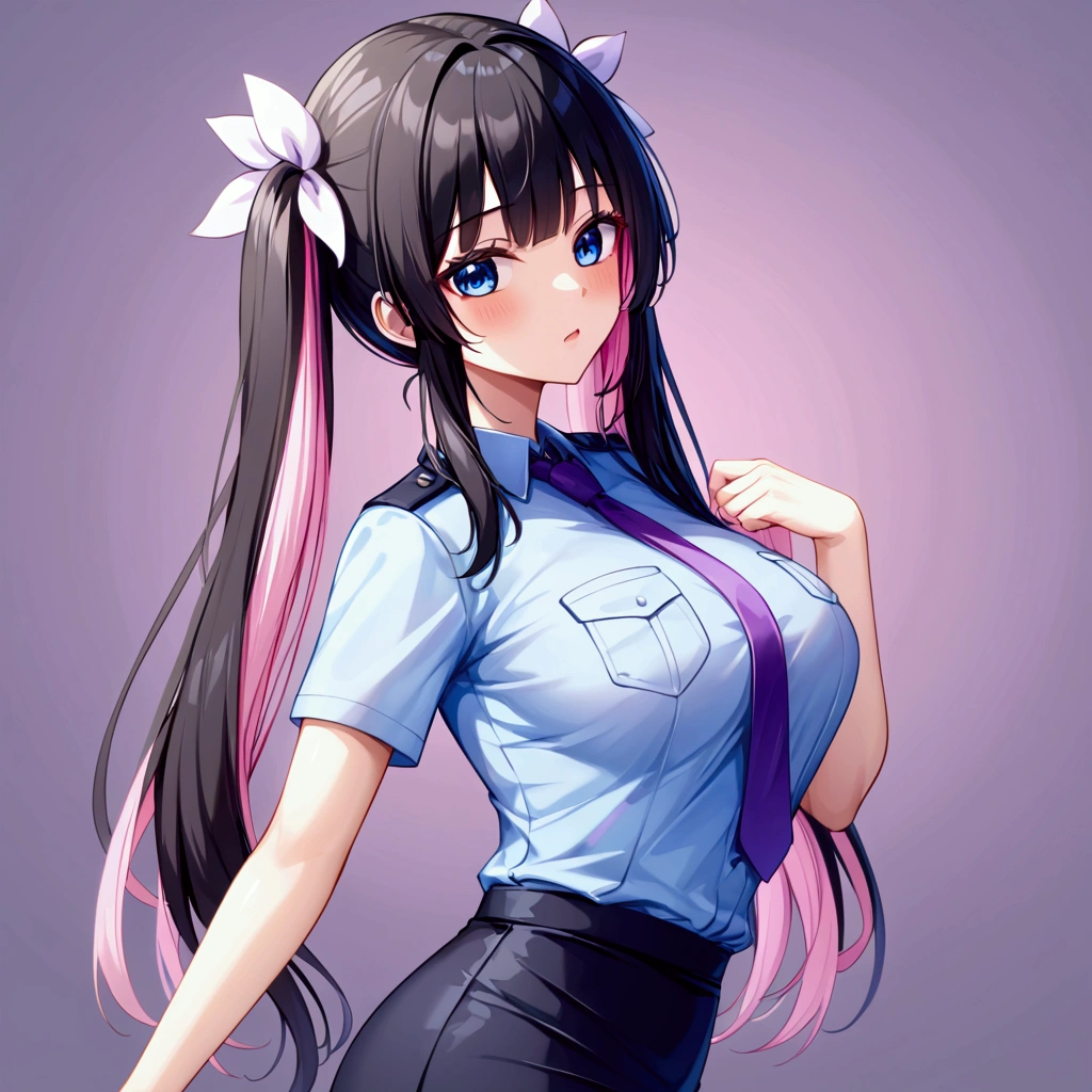 (email) extremely detailed CG unity 8k wallpaper 8KCG壁紙((Highest quality))、(masterpiece)、upper body(Realistic Shadows)、NSFW、(１6 year old beautiful girl),(Subjective)、cropped torso、looking back、Twin tails、Long Hair、(colored inner hair　black hair + pink inner hair)、Pink hair ribbon、Blue eyes、Police Officer、Black shirt、Purple tie、pencil skirt