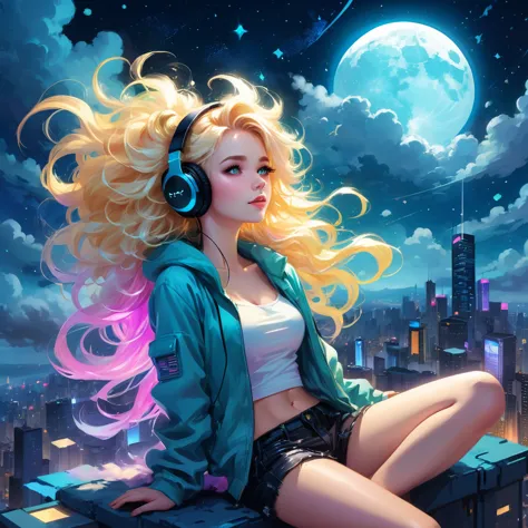 a beautiful 20 year old blonde woman with big messy hair laying down on a cloud in the sky floating over a cityscape at night, w...