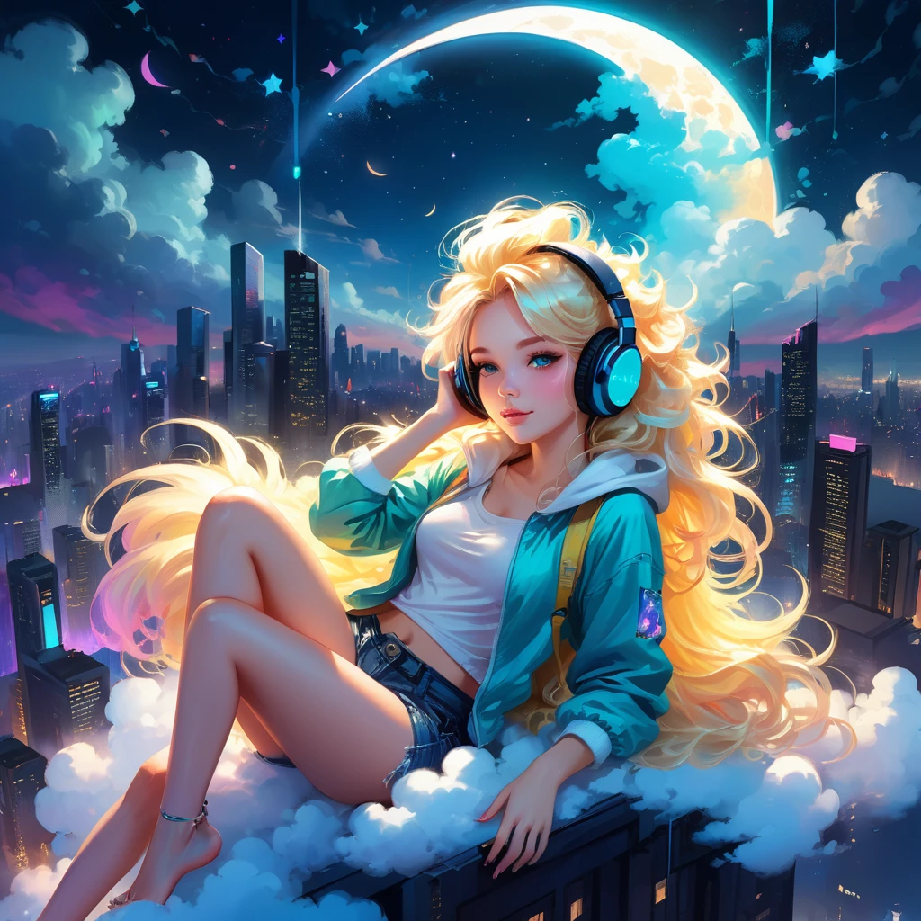 a beautiful 20 year old blonde woman with big messy hair laying down on a cloud in the sky floating over a cityscape at night, wearing headphones, looking down at the city, twinkling stars and glowing moon, fantasy art style, full body, rossdraws cartoon vibrant, cyberpunk, cute detailed digital art, colorfull digital fantasy art, digital fantasy art ), glossy digital painting, rossdraws pastel vibrant, rossdraws 2. 5, rossdraws 1. 0