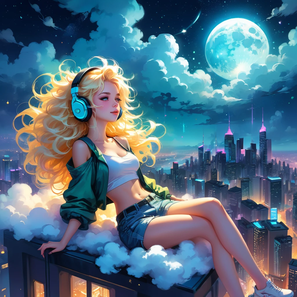 a beautiful 20 year old blonde woman with big messy hair laying down on a cloud in the sky floating over a cityscape at night, wearing headphones, looking down at the city, twinkling stars and glowing moon, fantasy art style, full body, rossdraws cartoon vibrant, cyberpunk, cute detailed digital art, colorfull digital fantasy art, digital fantasy art ), glossy digital painting, rossdraws pastel vibrant, rossdraws 2. 5, rossdraws 1. 0