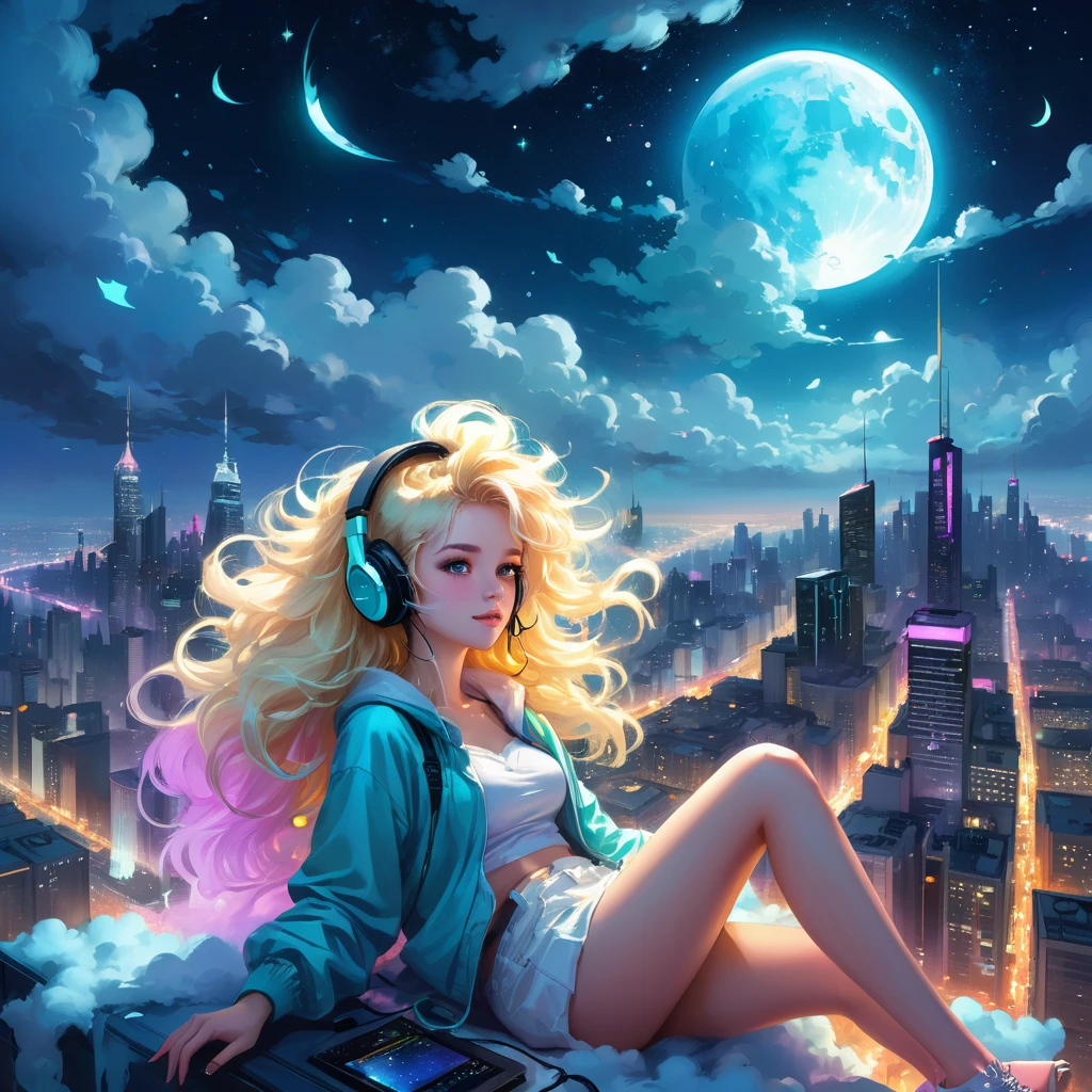 a beautiful 20 year old blonde woman with big messy hair laying down on a cloud in the sky floating over a cityscape at night, wearing headphones, looking down at the city, twinkling stars and glowing moon, fantasy art style, full body, rossdraws cartoon vibrant, cyberpunk, cute detailed digital art, colorfull digital fantasy art, digital fantasy art ), glossy digital painting, rossdraws pastel vibrant, rossdraws 2. 5, rossdraws 1. 0