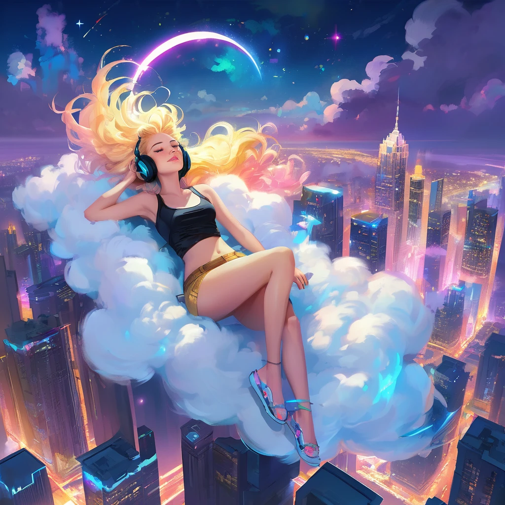 a beautiful 20 year old blonde woman with big messy hair laying down on a cloud in the sky floating over a cityscape at night, wearing headphones, looking down at the city, twinkling stars and glowing moon, fantasy art style, full body, rossdraws cartoon vibrant, cyberpunk, cute detailed digital art, colorfull digital fantasy art, digital fantasy art ), glossy digital painting, rossdraws pastel vibrant, rossdraws 2. 5, rossdraws 1. 0