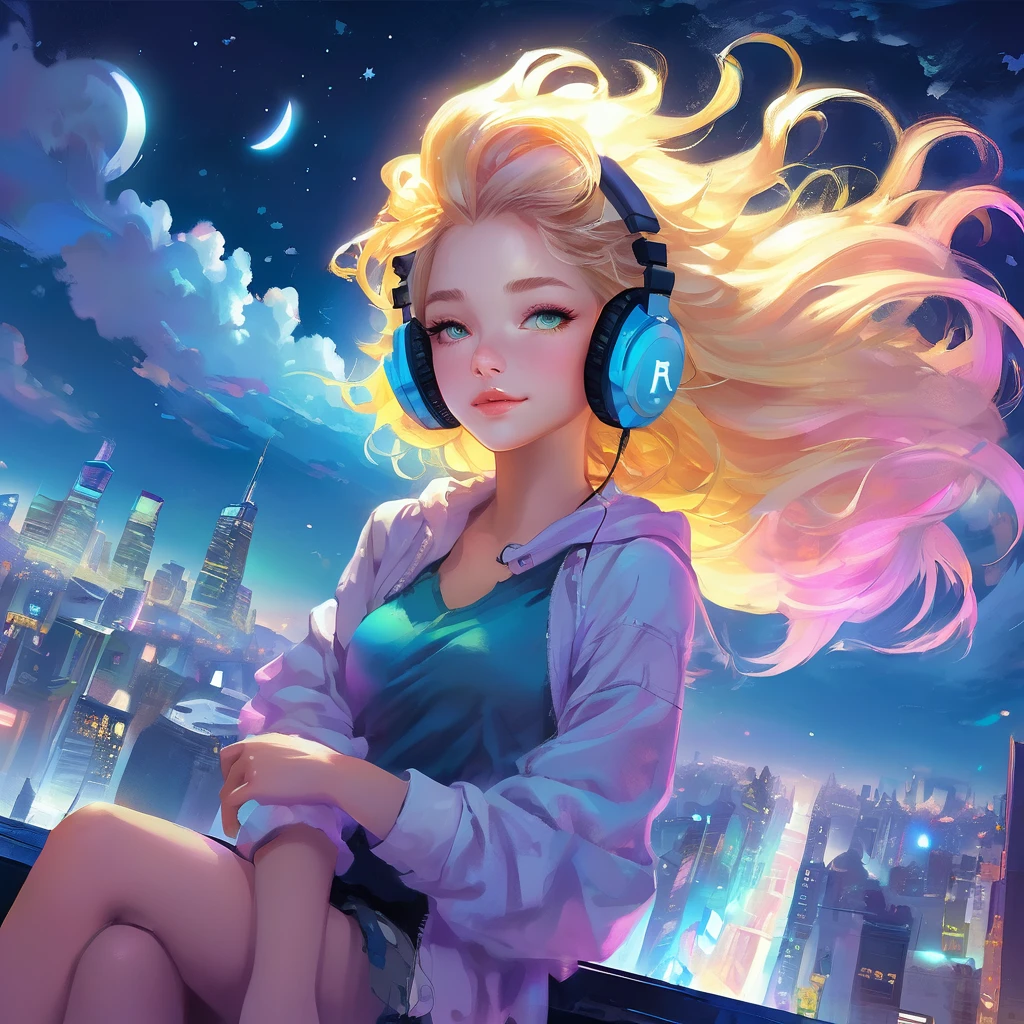 a beautiful 20 year old blonde woman with big messy hair laying down on a cloud in the sky floating over a cityscape at night, wearing headphones, looking down at the city, twinkling stars and glowing moon, fantasy art style, full body, rossdraws cartoon vibrant, cyberpunk, cute detailed digital art, colorfull digital fantasy art, digital fantasy art ), glossy digital painting, rossdraws pastel vibrant, rossdraws 2. 5, rossdraws 1. 0