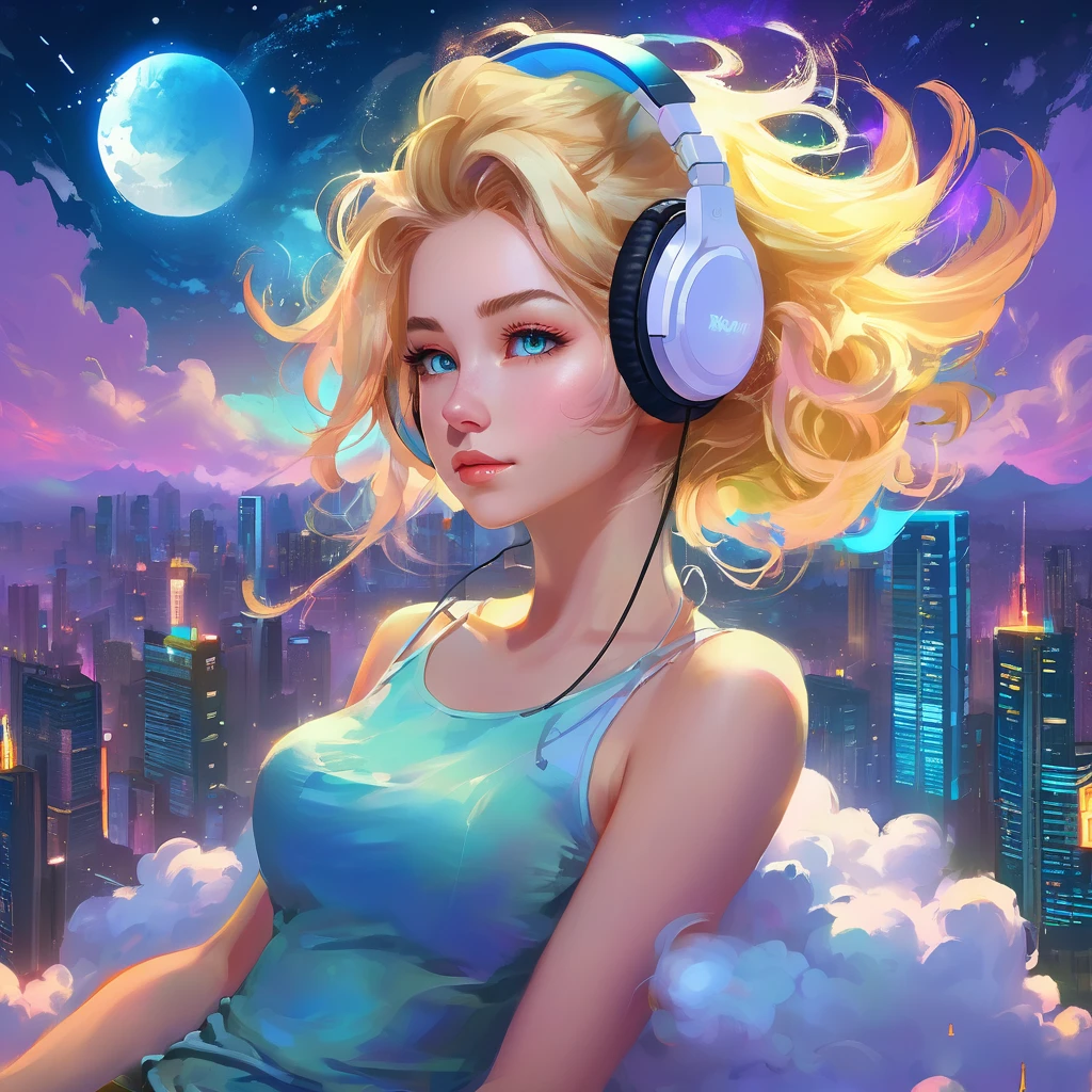 a beautiful 20 year old blonde woman with big messy hair laying down on a cloud in the sky floating over a cityscape at night, wearing headphones, looking down at the city, twinkling stars and glowing moon, fantasy art style, full body, rossdraws cartoon vibrant, cyberpunk, cute detailed digital art, colorfull digital fantasy art, digital fantasy art ), glossy digital painting, rossdraws pastel vibrant, rossdraws 2. 5, rossdraws 1. 0