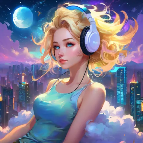 a beautiful 20 year old blonde woman with big messy hair laying down on a cloud in the sky floating over a cityscape at night, w...