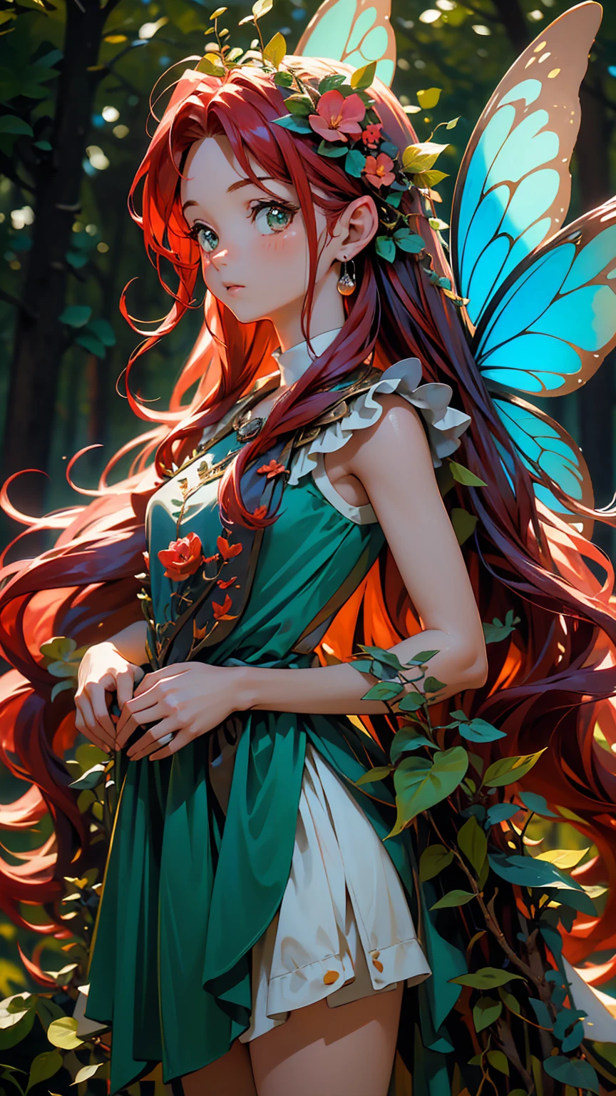 Hight Qualit, master piece, A cute fairy fairy staring at the camera ((15 years old)) Your hair is red ((Red hair)) Blue gradient dress with green, Looking at the screen with a green forest in the background