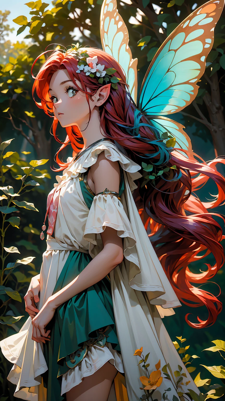 Hight Qualit, master piece, A cute fairy fairy staring at the camera ((15 years old)) Your hair is red ((Red hair)) Blue gradient dress with green, Looking at the screen with a green forest in the background