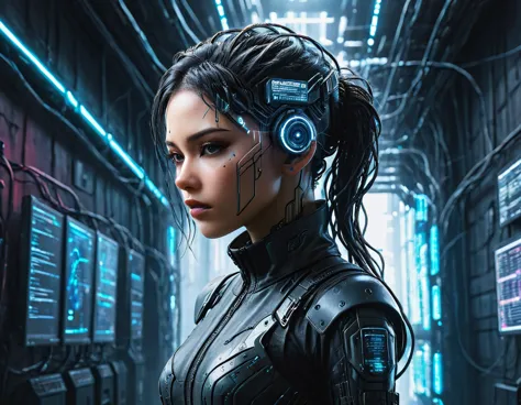 electrifying image, cyberpunk world, an action-packed hacker girl wearing a futuristic bodysuit, connected to a futuristic wired...