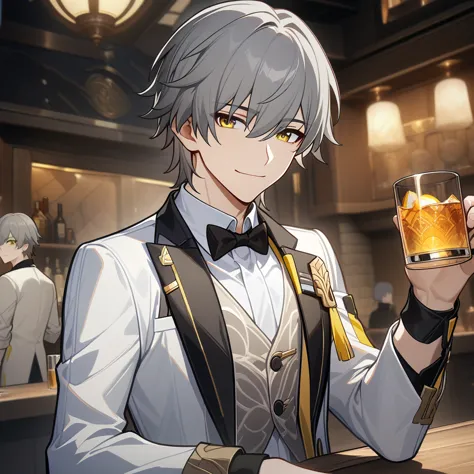 caelus, caelus from honkai star rail, 1boy, bartender in a stylish pose, holding glass, grey hair, gold eyes, cute face, white s...