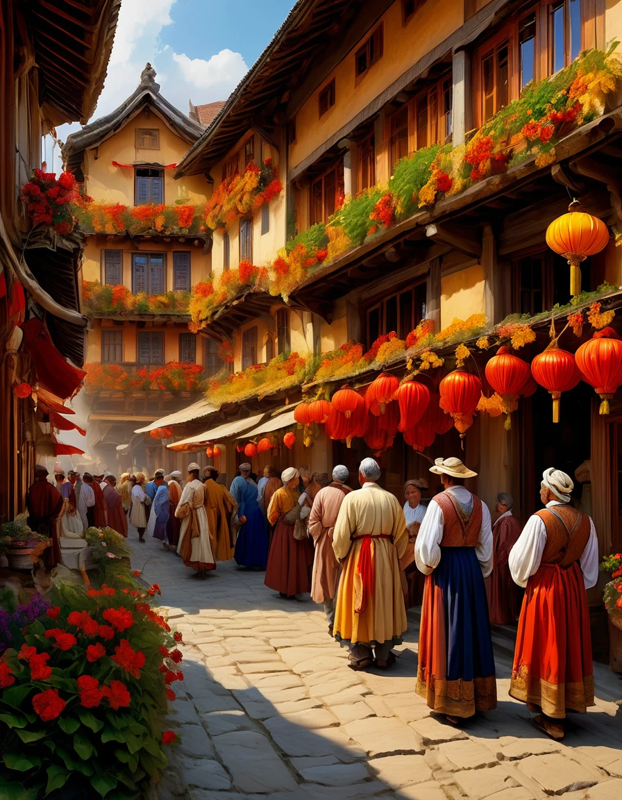 6. The Community
Style: Renaissance, with human figures in the foreground and a strong sense of perspective.
Color palette: Warm and inviting tones (red, orange, yellow) to convey unity and camaraderie.
Expression: Open and welcoming gestures, a gaze that scans the audience. A warm and confident smile.
Setting: A village square, surrounded by traditional houses. People of all ages listen attentively