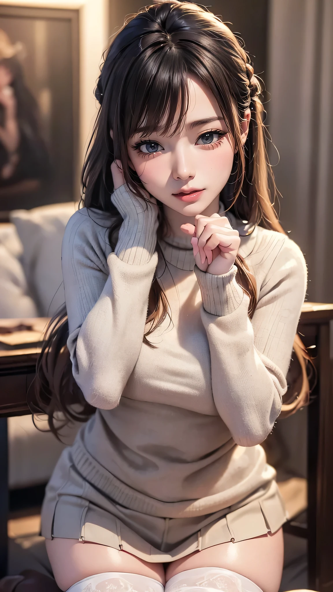 (random porn pose),(random hairstyle),(Highest image quality,(8k),ultra-realistic,best quality, high quality, high definition, high quality texture,high detail,beautiful detailed,fine detailed,extremely detailed cg,detailed texture,a realistic representation of the face,masterpiece,Sense of presence),sweater,tight mini skirt,stockings,Engineer boot