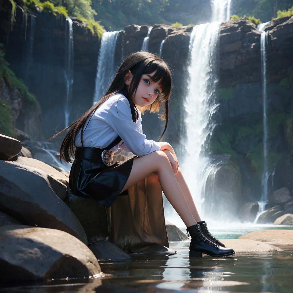 "9-year-old vampire girl with blue eyes and waist-length silver and black hair, sitting by the waterfall alone mini skirt small legs, photoshooting, top-quality, true-to-life portrayal."