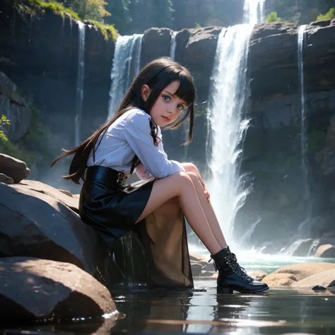 "9-year-old vampire girl with blue eyes and waist-length silver and black hair, sitting by the waterfall alone mini skirt small ...