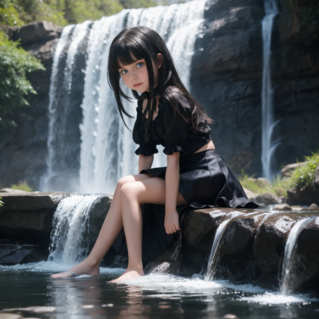 "9-year-old vampire girl with blue eyes and waist-length silver and black hair, sitting by the waterfall alone mini skirt small legs, photoshooting, top-quality, true-to-life portrayal."