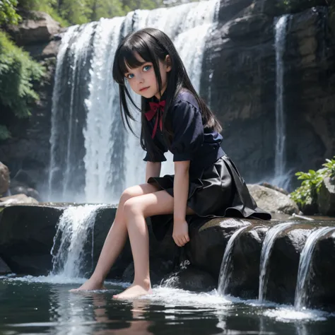 "9-year-old vampire girl with blue eyes and waist-length silver and black hair, sitting by the waterfall alone mini skirt small ...